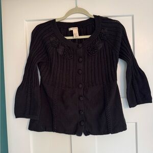 Dkny Black Textured Cardigan with Three-Quarter Sleeves
